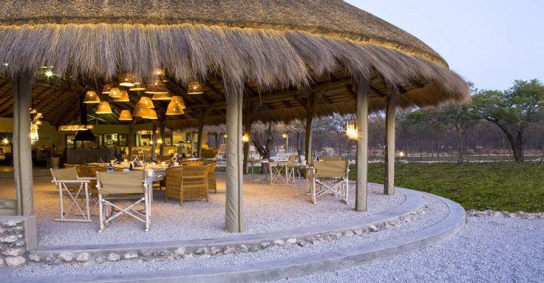 Thatched main dining pavilion at Mushara Bush Camp