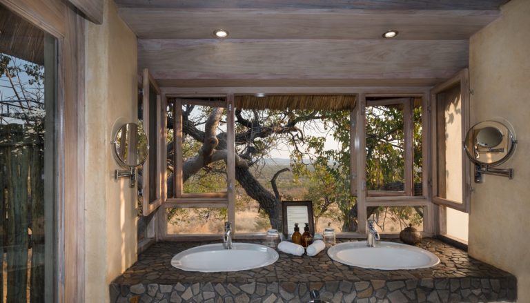 Double vanity with bush view in Ongava Lodge accommodation