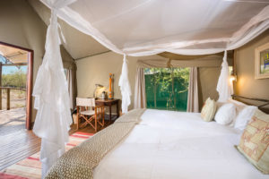 Mosquito-netted bed inside an Ongava safari tent