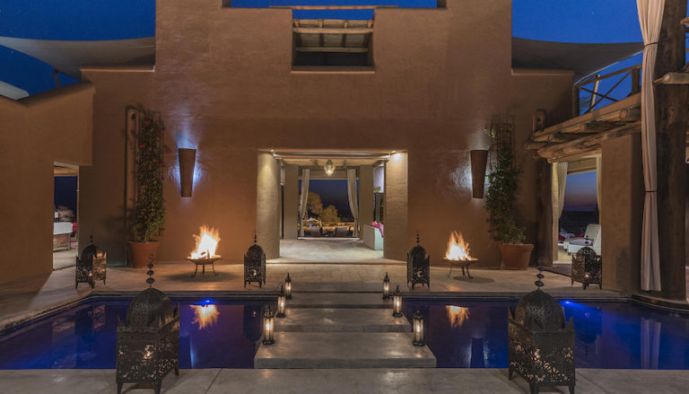 Pool courtyard at Onguma The Fort accommodation near Etosha
