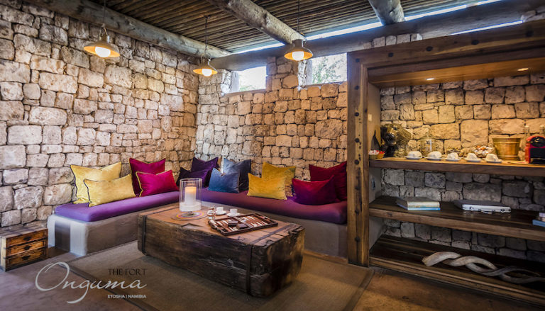 Stone-walled lounge at The Fort Onguma