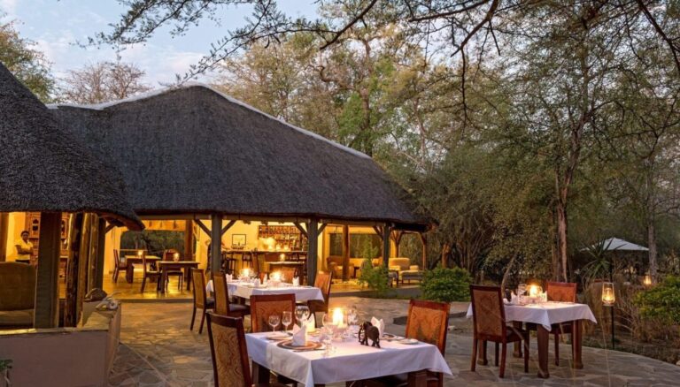 Onguma accommodation – outdoor dining terrace under trees