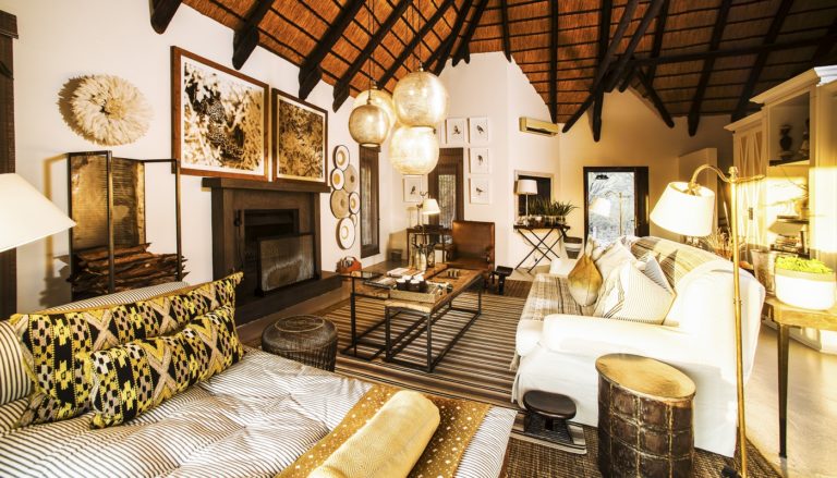 Fireplace and seating in a private Villa Mushara