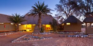 Sesriem Campsite – campsite buildings beneath palms at dusk