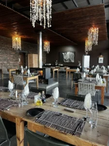 Tables set for dinner in the Fish River Lodge restaurant