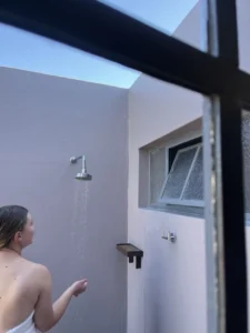 Outdoor chalet shower at Fish River Lodge