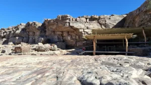 Shaded camp dining shelter in the canyon