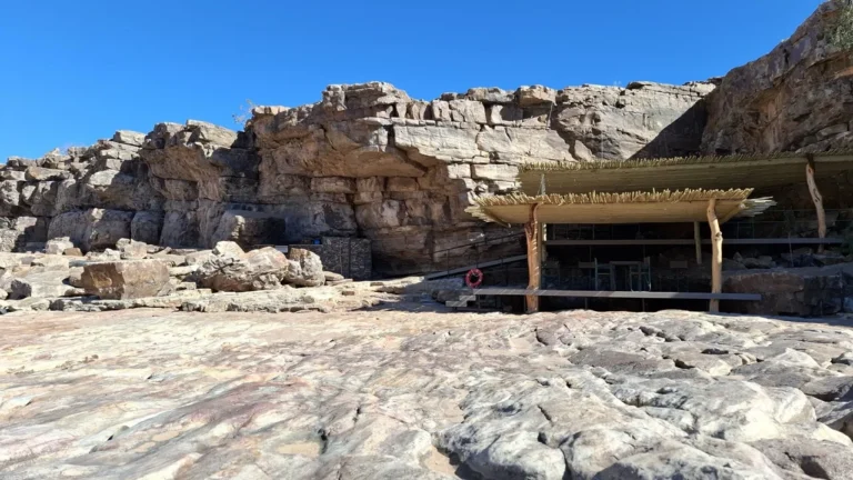 Shaded camp dining shelter in the canyon