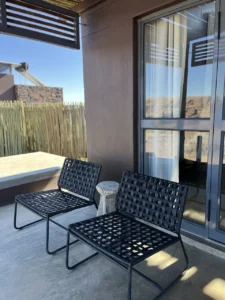 Private patio and window at a Fish River Lodge chalet
