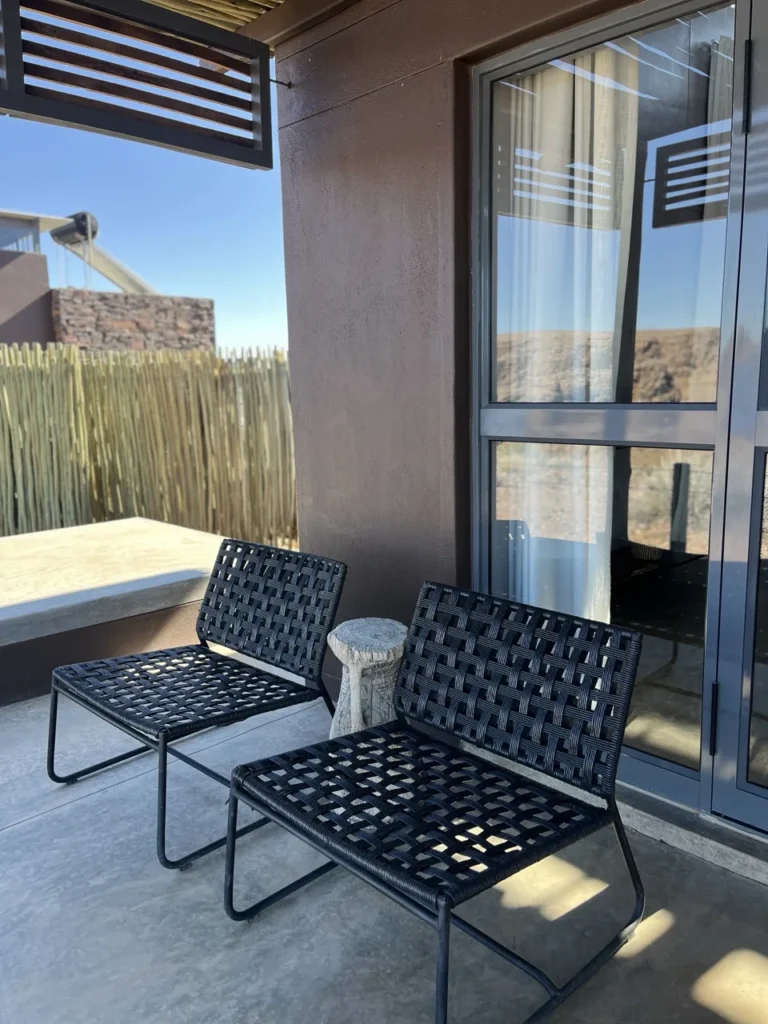 Private patio and window at a Fish River Lodge chalet