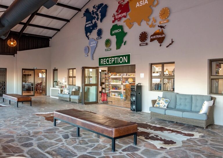 At Kronenhof Lodge – colourful lodge reception lounge