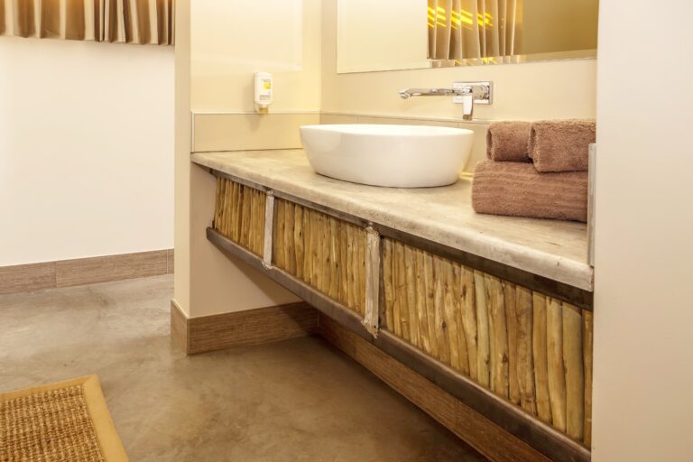 Desert Quiver Camp – wooden vanity in an en-suite bathroom