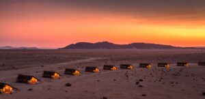 Sossusvlei camp – rows of units at red sunset