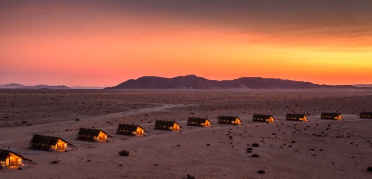 Sossusvlei camp – rows of units at red sunset
