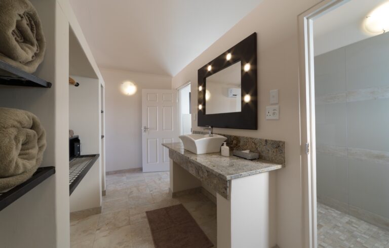 self-catering accommodation near Sossusvlei – bright bathroom with stone vanity