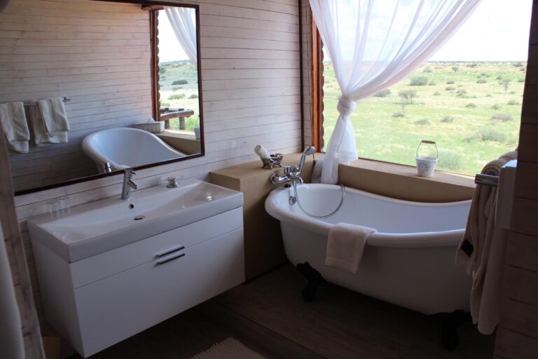 Bagatelle Kalahari Game Ranch – bathroom with freestanding tub and dune view