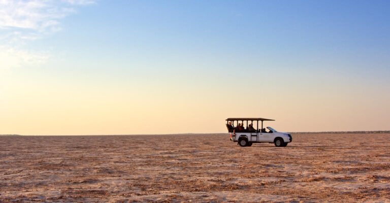 Bagatelle Kalahari – game-viewing vehicle on open pan