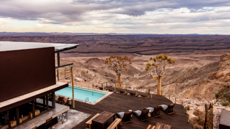 Fish River Canyon lodge – pool and canyon vista from the lounge