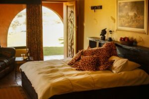 Mount Etjo accommodation – spacious bedroom with wildlife-inspired décor