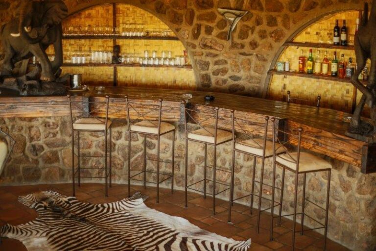 Namibia safari lodge – stone bar with zebra-pattern details