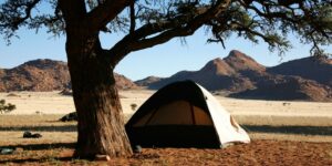 Namtib camping – ground tent beneath a camel-thorn tree