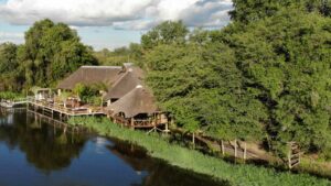 Nunda River Lodge – aerial view of the lodge beside the Kavango River