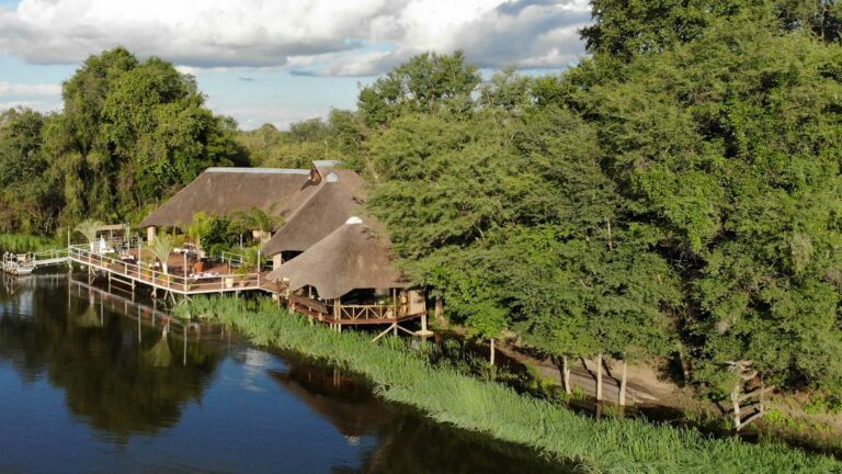 Nunda River Lodge – aerial view of the lodge beside the Kavango River