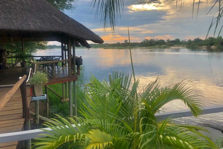 Nunda River Lodge – river view through tropical garden foliage