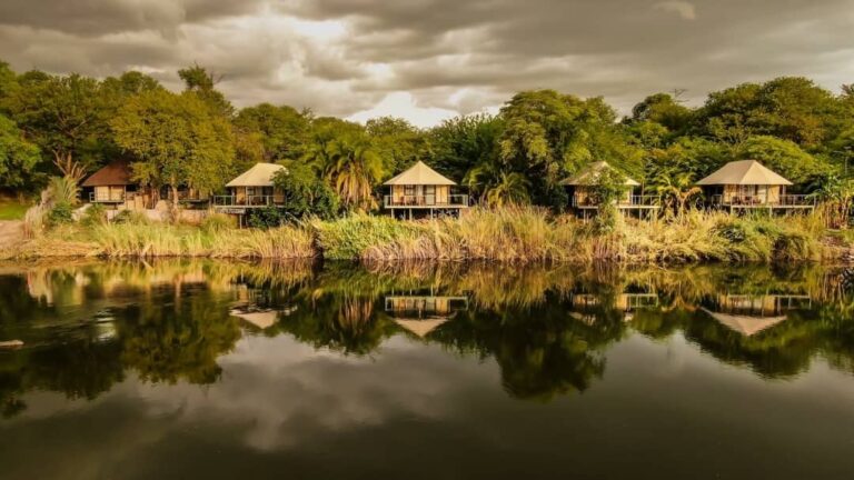 Kavango River lodge – panoramic view of chalets along the river