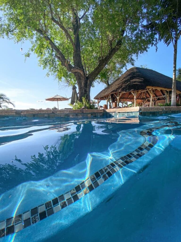 Popa Falls accommodation – curved swimming pool beside the lodge