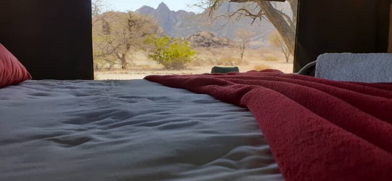 Spitzkoppe Tented Camp – bed looking towards the dry riverbed