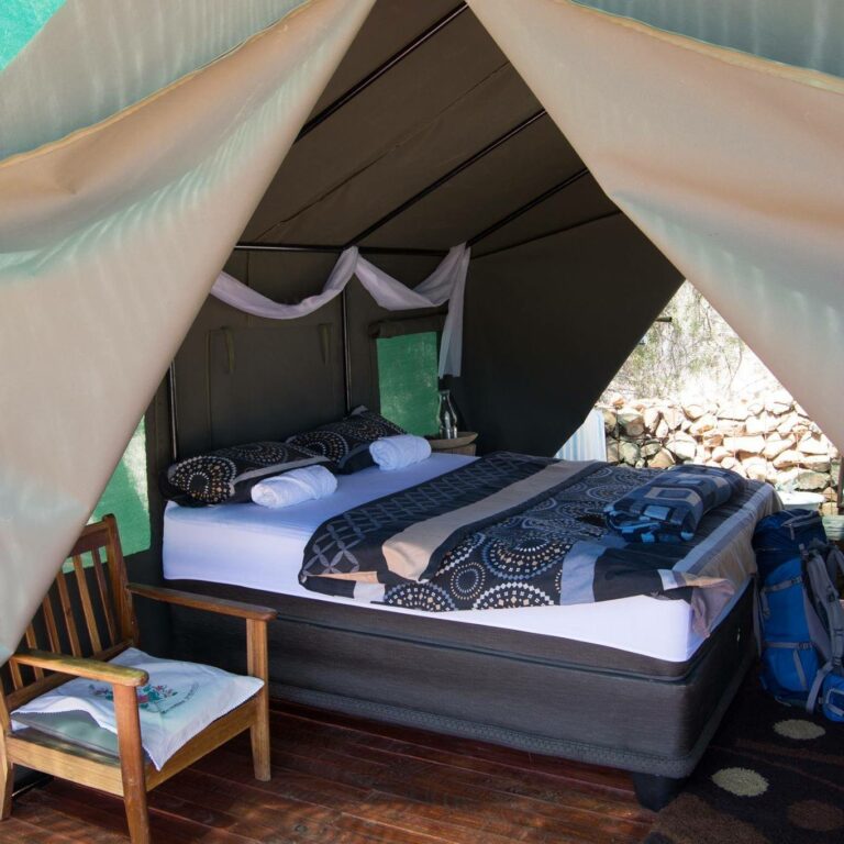 Spitzkoppe accommodation – double bed inside a canvas bush tent