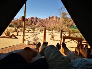 Spitzkoppe Tented Camp – view of granite peaks from a tent deck