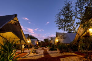 central Windhoek campsite – glamping tents at twilight