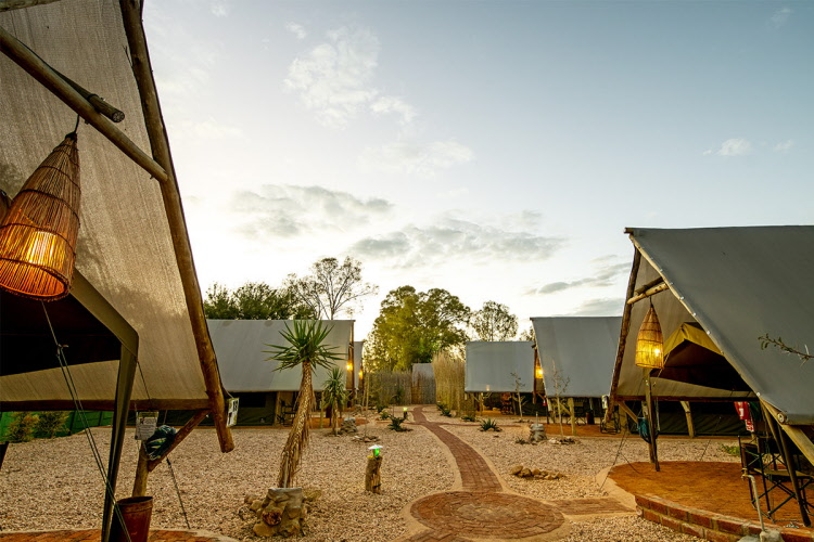 UrbanCamp – row of tented rooms at sunset