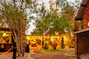 central Windhoek campsite – beer garden seating beneath trees