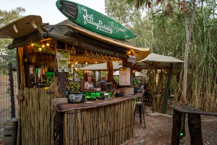 UrbanCamp Windhoek – outdoor bar in leafy garden