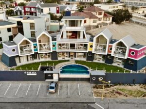 boutique guesthouse in Swakopmund – aerial view of the guesthouse and beachfront road