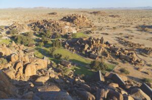 Aerial view of Canyon Lodge gardens and granite formations