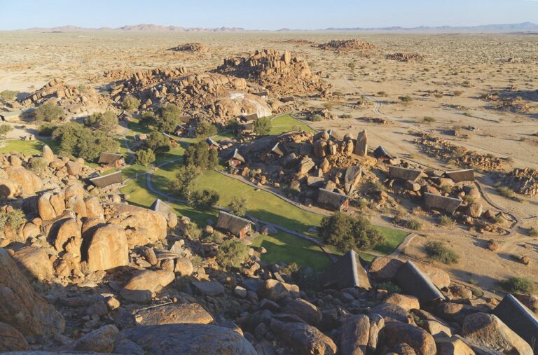 Aerial view of Canyon Lodge gardens and granite formations