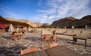 Outdoor terrace seating at Canyon Village accommodation