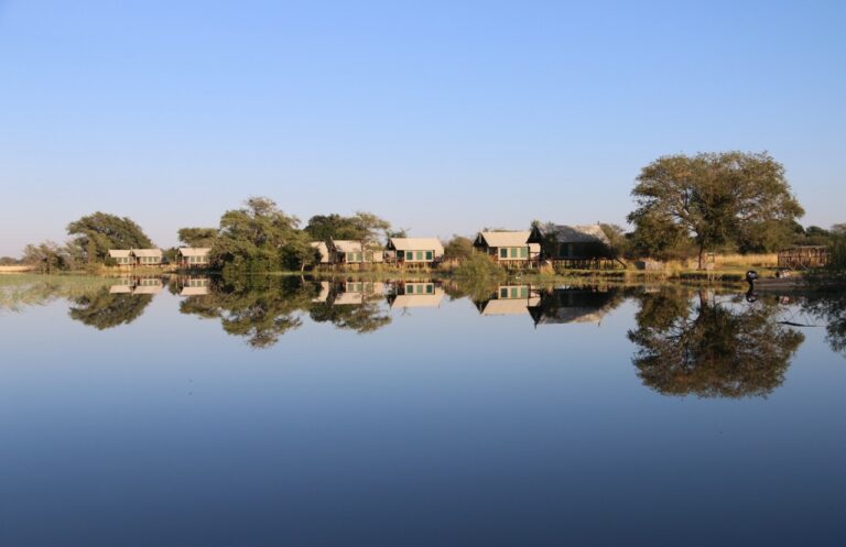 Tented chalets at Chobe River Camp reflected in calm river water