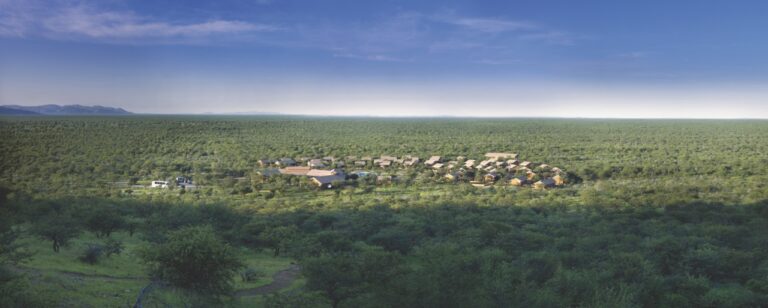 Aerial view across the gardens surrounding Damara Mopane Lodge