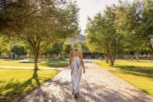 Garden walkway through Damara Mopane Lodge accommodation
