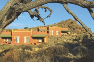 Desert Horse Inn exterior framed by a tree