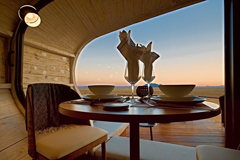 Private dining table overlooking the Namib at Desert Whisper