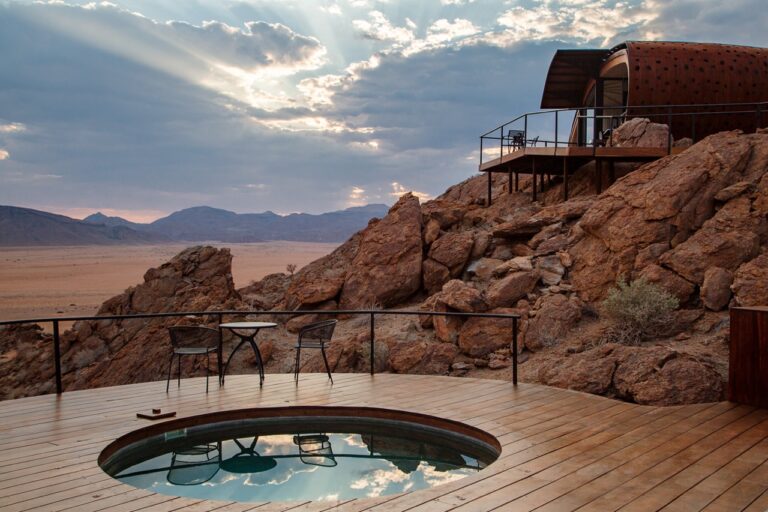 Desert Whisper plunge pool and rocky hillside terrace