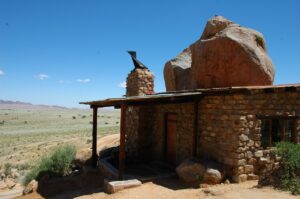 Stone chimney and boulders at Eagles Nest Chalets