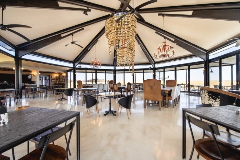 Restaurant interior overlooking the plains at Etosha King Nehale