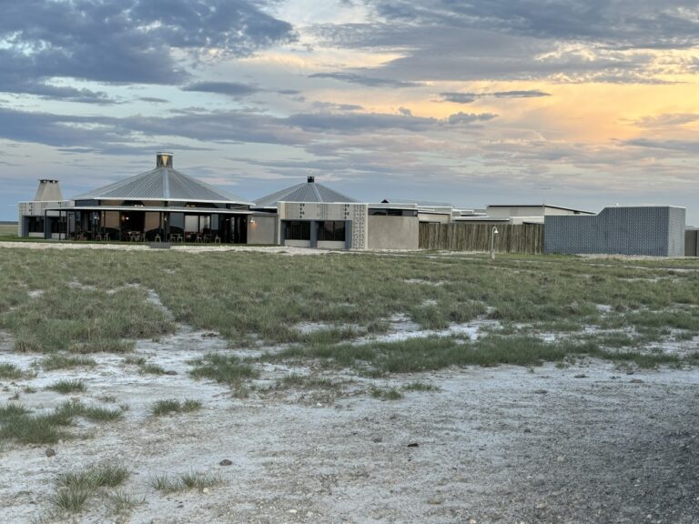 Etosha King Nehale lodge exterior across the Andoni Plains at sunset